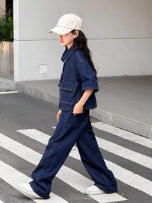 SHEIN Tween Girls Fashion Casual Y2k Vintage Cool Two Pieces Set Of Dark Blue Denim Loose Shirt With Pocket Design And Semi-Elastic Waistband Loose And Comfortable Jeans For Tween Girl Clothes Girls Soft Dailywear And Tween Girl Summer And Fall Rave Outfits Festival And Beach Outfits Streetwear School Clothes Girls Denim Set Jean 2 Piece Set