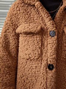 SHEIN Young Girl Casual Coral Fleece Mid-Length Lapel Collar Long Sleeve Coat For Winter