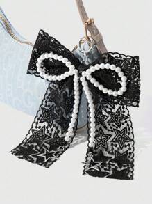 ROMWE Kawaii 1pc Handmade Vintage Goth Style Beaded Keychain/Bag Charm With White Faux Pearl, Black Beads, Hollow Stars, Tulle & Bow, Unique Gift For Women, Girls - Black and White - View 2