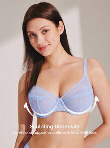 LUVLETTE Full Coverage Support Breathable Underwire Mesh Lace Elegance Blue Minimizer Bra Sexy Lingrie