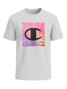 Champion Áo thun nam tay ngắn in họa tiết màu tương phản thường ngày mùa hè - Xám - Xem 4