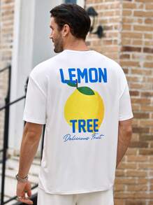 Manfinity VCAY Casual Lemon Graphic Print White Loose T-Shirt For Men Lemon Shirt Men Lemon Graphic Tee Men Graphic Tees Fruit Graphic Tee Big And Tall Graphic Tees - White - View 3