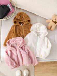 SHEIN 3pcs/Set Baby Girl Warm Plush Zip-Up Hooded Jacket, Autumn/Winter Baby Bear Jacket Baby Girl Teddy Jacket Baby Hooded Jacket Baby Girl Fleece Jacket Baby Warm Winter Jacket Fall - Multicolor - View 4