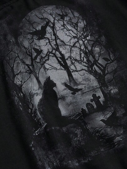 Goth Plus Size Women Gothic Black Crow Print Plus Size Asymmetrical Neck Sweatshirt, Soft Cotton, Mysterious Summer