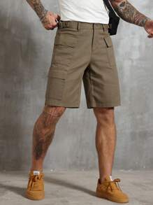 Manfinity Homme Pantalones cortos vaqueros casuales de hombre de unicolor con bolsillos y cinturón - Verde militar - Ver 3