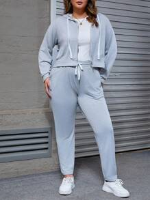 INAWLY Plus Size Women Casual Autumn/Winter Letter Print Hooded Zipper Pocket Sweatshirt Jacket - Grey - View 5