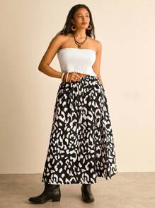 SHEIN VCAY 大码女式夏季度假豹纹开叉裙波西米亚风裙子休闲乡村风女装西部风女装 - 黑與白 - 查看 3