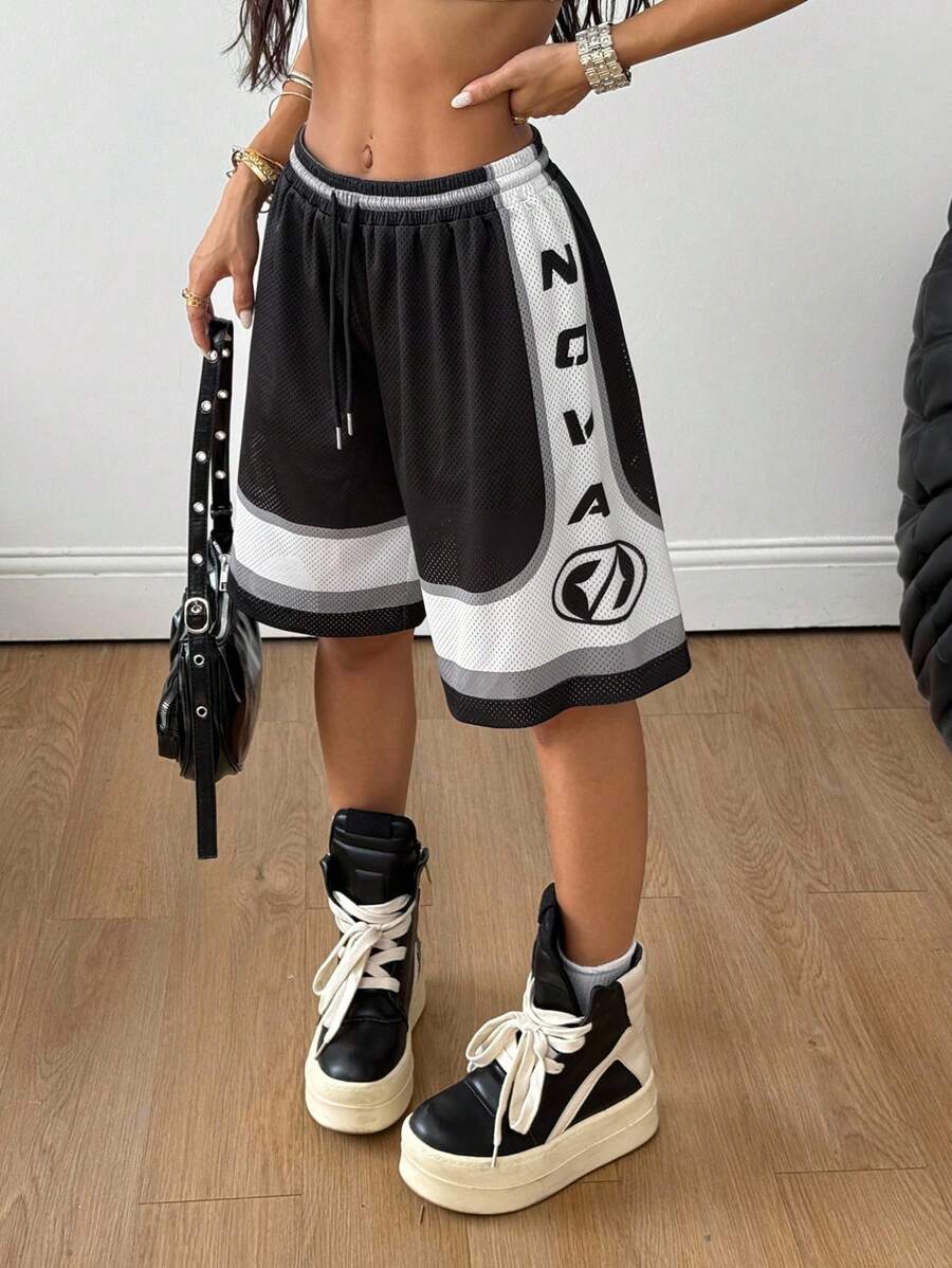 Coolane Quần short thể thao lưới thoáng khí cho nữ mùa hè, quần short bóng rổ, đồ họa lễ hội rave thể thao ngày thi đấu - Đen và trắng - Xem 1