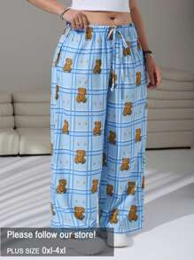 SHEIN EZwear Plus Size Blue Plaid Bear Print Loose Fit Pants - Multicolor - View 1