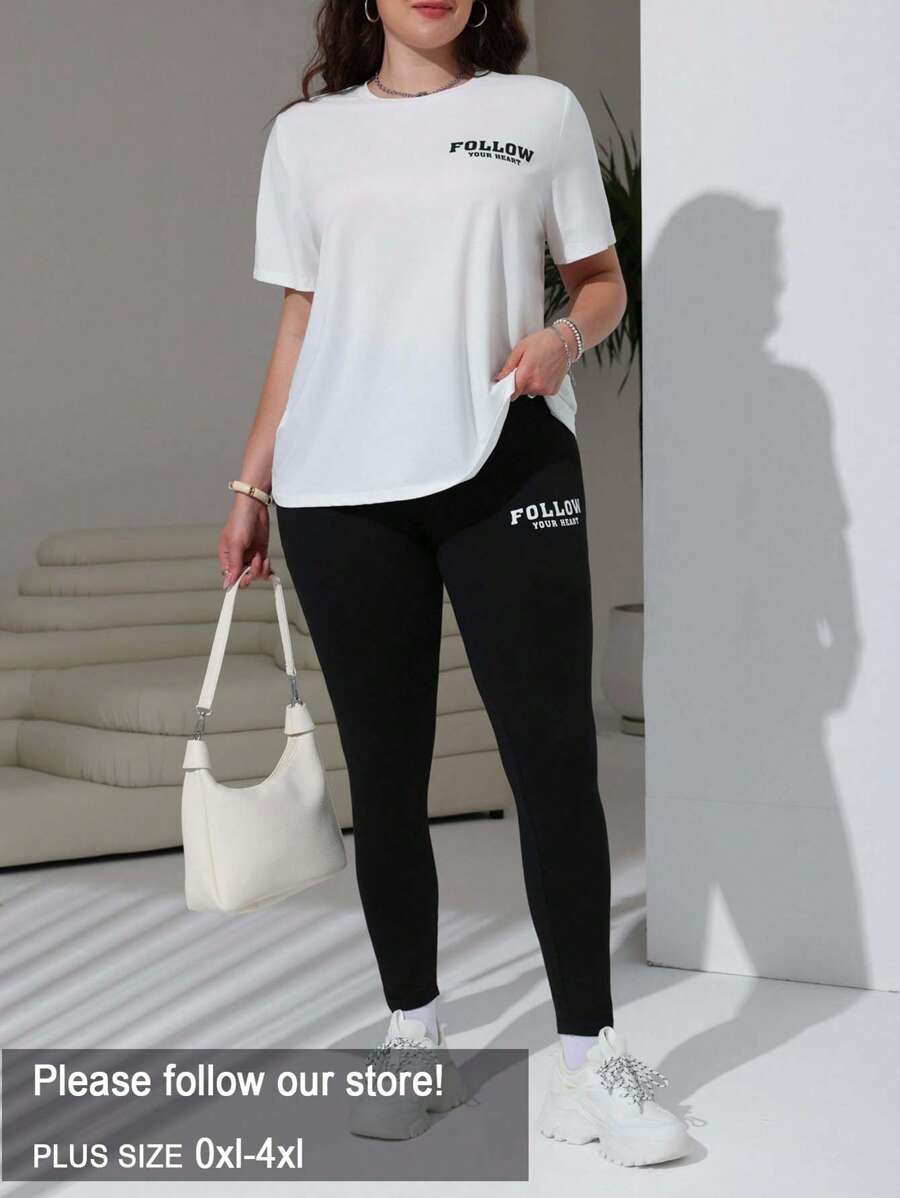 SHEIN EZwear 大码夏季休闲字母印花短袖T恤和紧身裤两件套 - 黑與白 - 查看 1