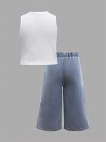 SHEIN Girlism Conjunto informal de niña con camiseta de manga corta cuello redondo simple y cómoda, y pantalón de jean plisado