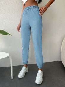 EURMUSE Cotton Ladies Tie-Up Ankle Sweatpants - Baby Blue - View 3