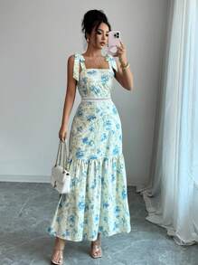 Rafferiza Vestido de encaje con volantes hasta la pantorrilla, sin mangas, con lazo en los tirantes y diseño patchwork para mujeres