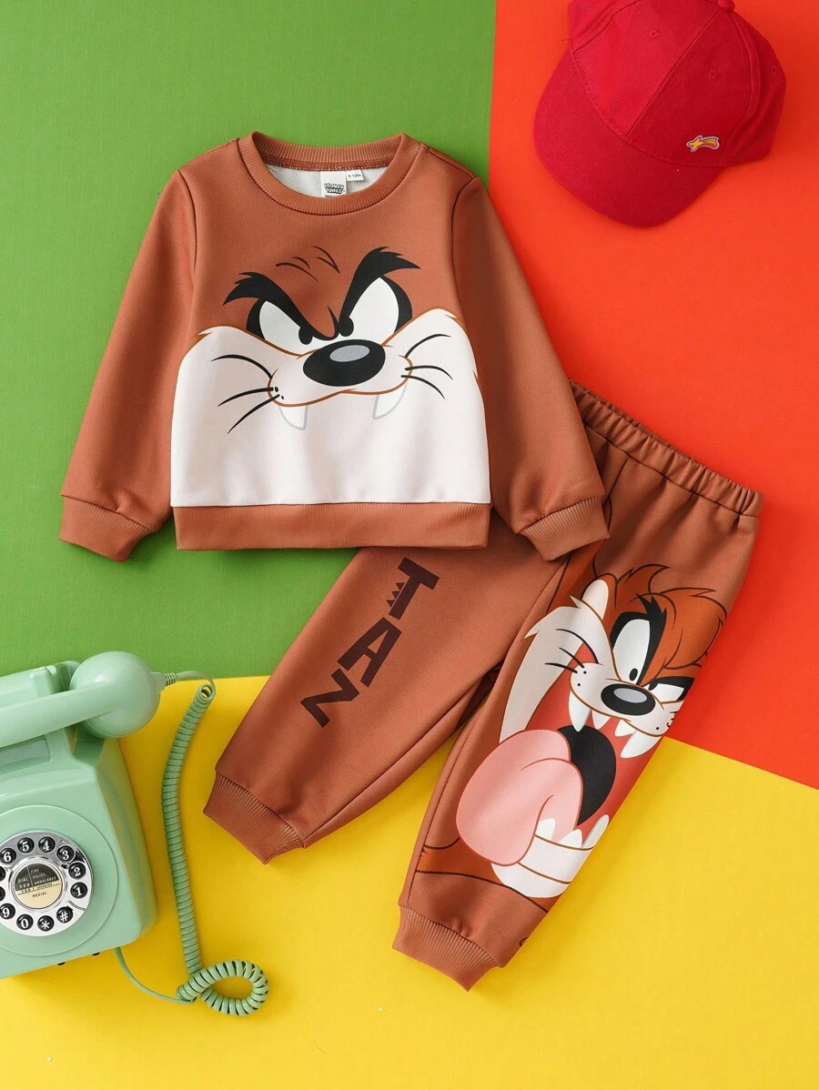 LOONEY TUNES X SHEIN 男婴可爱卡通动物印花运动衫和运动裤运动服套装，适合秋冬季