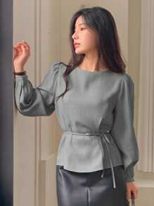Women Round Neck Puff Sleeve Solid Color Long Sleeve Casual Shirt Lantern Sleeve Blouse - Grey - View 3