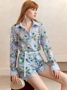 Zanirela Zanirela Blusa elegante de manga larga con botones, con bordado de encaje y flores degradadas, para mujer. Ideal para verano, vacaciones, salidas, festivales, brunch y el verano europeo del otoño. - Multicolor - Ver 2