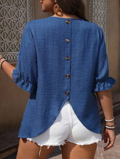 Nubod 大码女式荷叶边袖口装饰纽扣设计衬衫