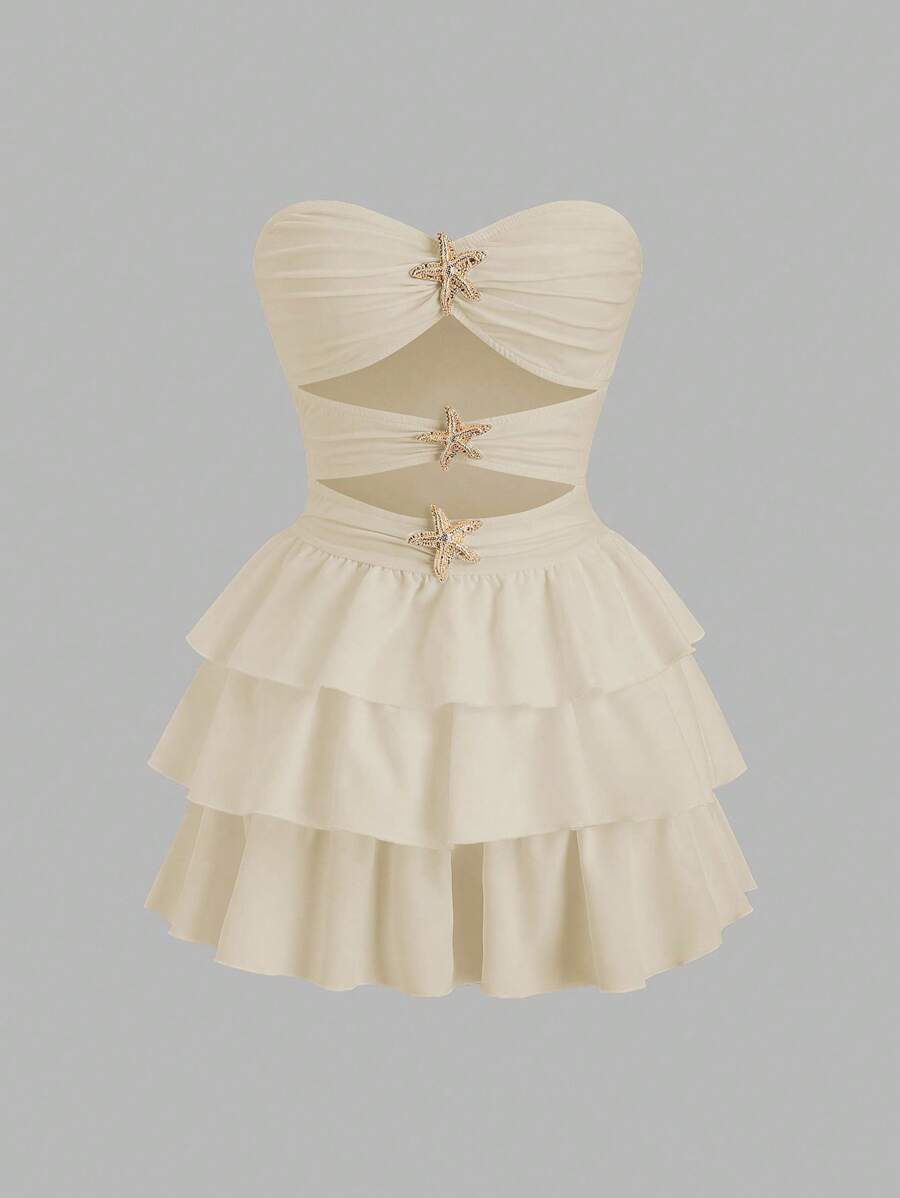 Sweetra Black Starfish & Pentagram Metal Decor Hollow-Out Backless Ruched Ruffle Hem Splicing Mini Dress, Minimalist Sweet Elegant Vacation Style, Women Spring & Summer - Apricot - View 1