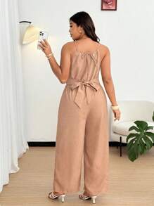 SHEIN PETITE Bộ đồ liền thân ống rộng màu trơn cạp chéo cỡ lớn dành cho nữ - Màu Khaki - Xem 4