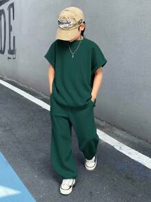 Tween Boy 休闲韩版宽松杏色百搭背心和长裤套装，适合通勤、上学、日常休闲、运动、春夏季度假 - 墨綠色 - 查看 3
