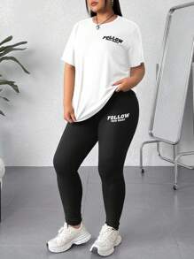SHEIN EZwear 大码夏季休闲字母印花短袖T恤和紧身裤两件套 - 黑與白 - 查看 10