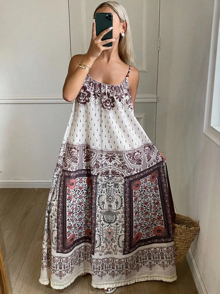 Floral Vacation Spaghetti Strap Dress, Casual Autumn Long Dress For Women Summer Women Dresses Cruise Outfit For Women Boho