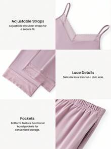 LUVLETTE Summer Women Breathable 100% Pure Cotton Purple Lace Elegance Trim V-Neck Camisole Top & Pants Airy Loungewear Pajama Set Cotton Pajamas - Purple - View 3