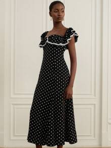 Revavyn 法国复古黑白波尔卡圆点、荷叶边和蕾丝镶边下摆、百搭优雅女装 - 彩色 - 查看 6