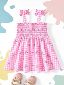 CoComelon X SHEIN 女婴西瓜印花口袋粉色格子可爱甜美夏日清爽假日吊带连衣裙 - 粉色 - 查看 3