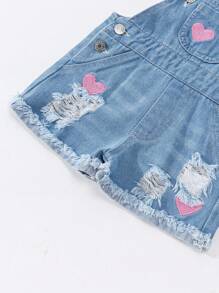 SHEIN Baby/Baby Girl Casual Cute Heart Embroidery Distressed Denim Bib Overalls Baby Girls Clothing Overalls Overalls Toddler Girl - Light Wash - View 6