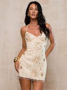 Glamine Women's Mesh Backless Tie-Up Elegant Romantic Sexy Date Dress, Evening Cocktail Party Dress, Wedding Guest Dress, Holiday Vacation Dress, Girls' Night Out, Clubwear, Dinner Date Outfit Sequin Dress