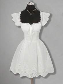 SHEIN ICON Women Square Neck Lace Patchwork Mini Summer Dress Fall Women Clothes Wedding Guest Dress Women - White - View 1