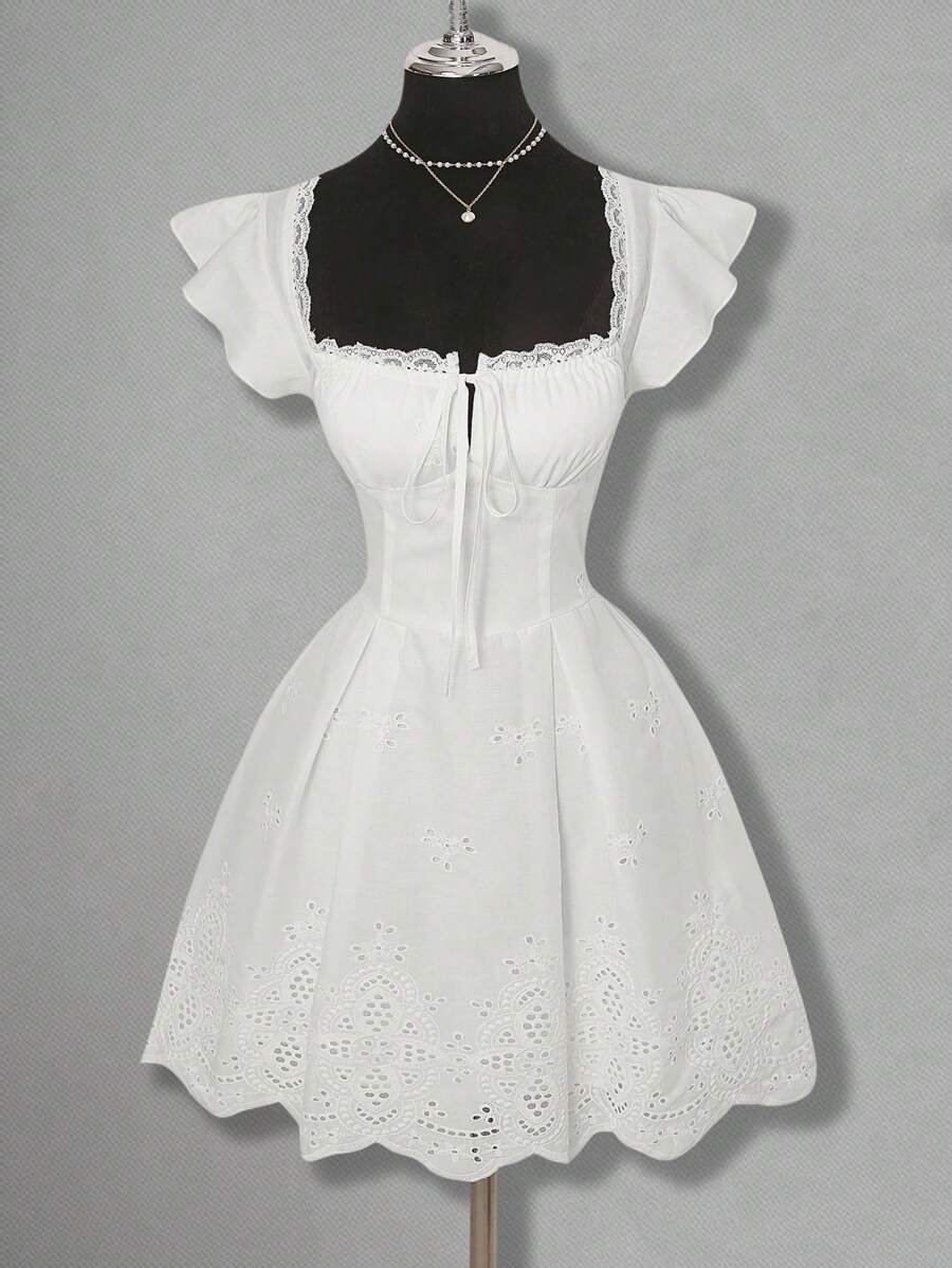 SHEIN ICON Women Square Neck Lace Patchwork Mini Summer Dress Fall Women Clothes Wedding Guest Dress Women - White - View 1