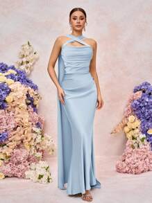 SHEIN Belle 优雅浪漫雪纺哑光飘逸蝴蝶结装饰抹胸修身美人鱼伴娘礼服 - 淺藍色 - 查看 6