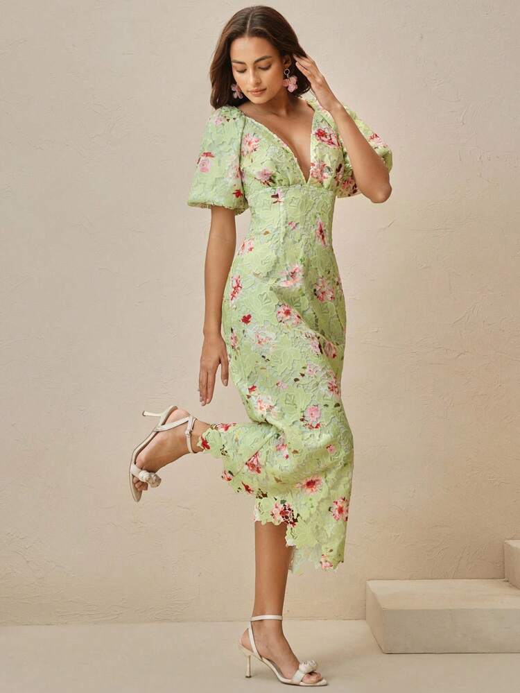 Women's Woven Water-Soluble Lace Lace Lace Bubble Short Sleeved V-Neck Fashionable Printed Dress Floral, Spring/Summer, Elegant