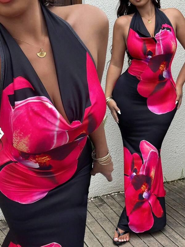 POPSWAY Rochie maxi sexy, mărime plus, cu decolteu adânc în V și imprimeu floral, spate descuiat, stil vacanță pentru femei, Fatale