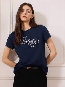 Briarwyn Women's Casual Round Neck Faux Pearl Beaded Alphabet Pattern Short Sleeve T-Shirt, Summer,Fall Women Clothes,Old Money Style Women,Vacation Outfits Woman - Navy Blue - View 11