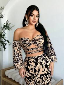 SHEIN SXY 休闲时尚全身印花性感露肩女式上衣 - 黑色 - 查看 6