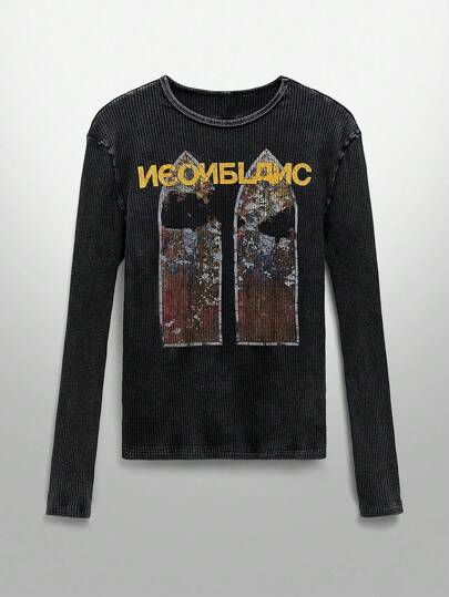 NEON BLANC 男士街头时尚针织圆领字母图案长袖T恤，秋季情侣装