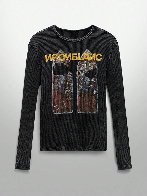 NEON BLANC Men's Street Fashion Knitted Crew Neck Letter Graphic Long Sleeve T-Shirt, Fall, Couple Things