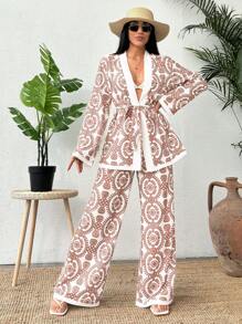 SHEIN Cottnline Set de 2 piezas con Kimono estampado de tótem y pantalón de pierna ancha - Rosa vieja - Ver 2