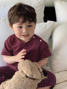 Hapijoa Toddler Boys Round Neck Short Sleeve T-Shirt And Plaid Pants 2 Piece Home Outfit, Summer - Red - View 4