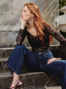 lacRébo Women Casual Mid-Wash Flared Cotton Denim Jeans Going Out Outfits Chic Outfits Autumn Winter