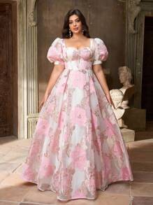Aureia Vestido midi plus size elegante, luxuoso, de organza jacquard, com mangas bufantes, costas abertas e amarradas, adequado para casamentos, festas, férias, bailes, festivais de música e ocasiões formais (com bordados intensos) - Rosa - Ver 3