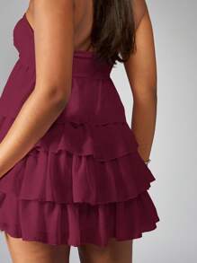 MISSGUIDED 无肩带迷你连衣裙，层叠荷叶边，适合派对、婚礼、宾客、伴娘穿着，前襟扭结设计，高腰线。