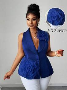 Maweii Plus Size Elegant Solid Color 3D Floral Decor Suit Vest Graduation,Back To School,Teacher Outfits For Women - Navy Blue - View 1