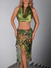 SHEIN ICON 复古浪漫度假嬉皮风格低胸性感短款吊带上衣，多层环绕式开衩裙女式两件套，2025 年 - 彩色 - 查看 5