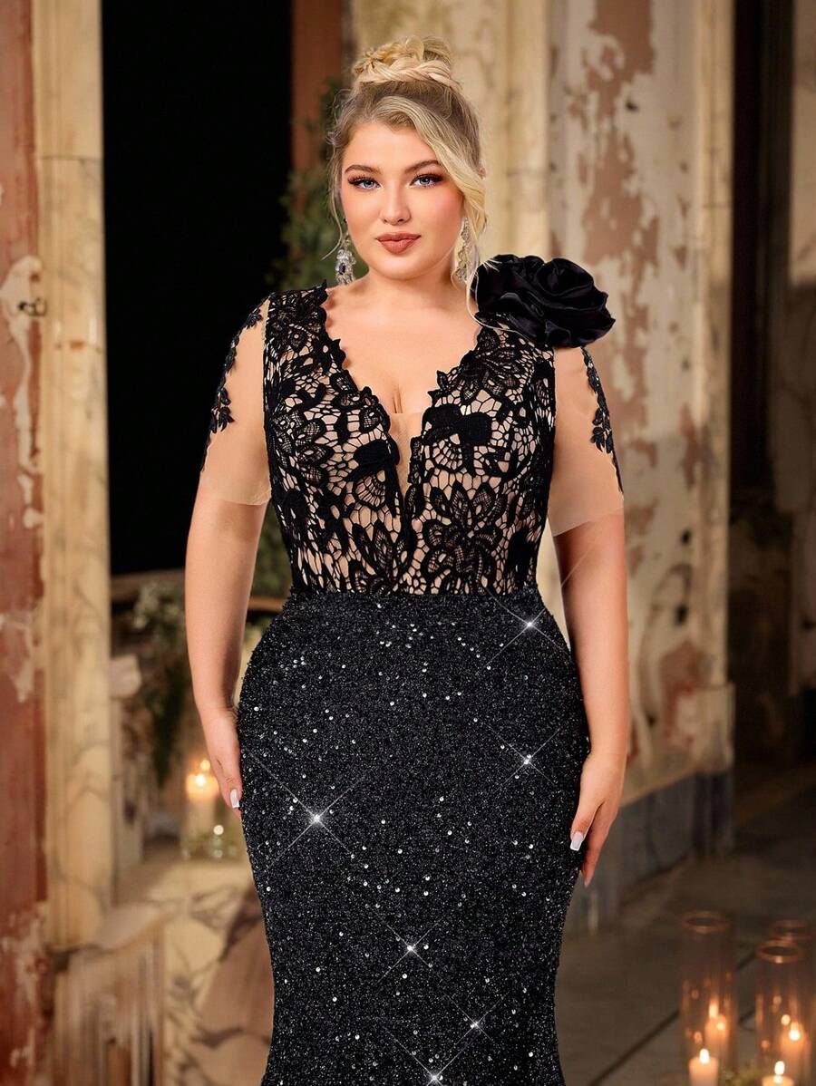 Glamrae 加大码优雅深色调蕾丝拼接奢华串珠肩部花卉装饰袖子贴花香槟色拼色美人鱼下摆礼服 - 黑色 - 查看 1