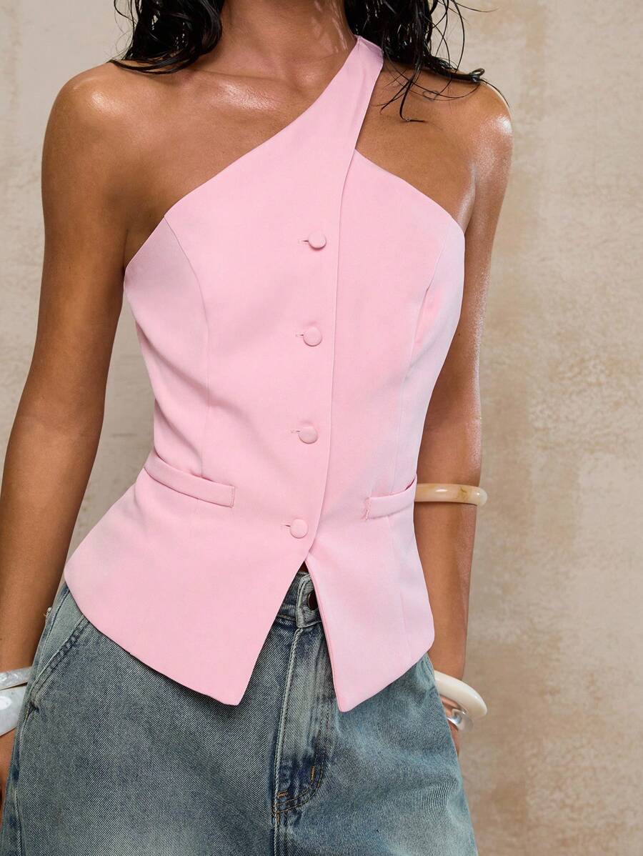 Glamine Women's Sleeveless Casual Blazer, Fashionable & Versatile, Summer One Shoulder Top Pink Top Women One Sleeve Top Baby Pink Top - Pink - View 1
