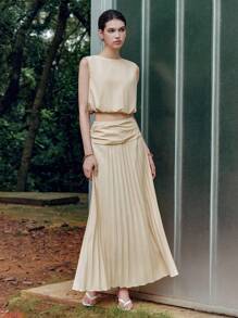 Chiquease Green Women's Casual Sleeveless Top & Pleated Long Skirt 2 Pieces Set - Apricot - View 5
